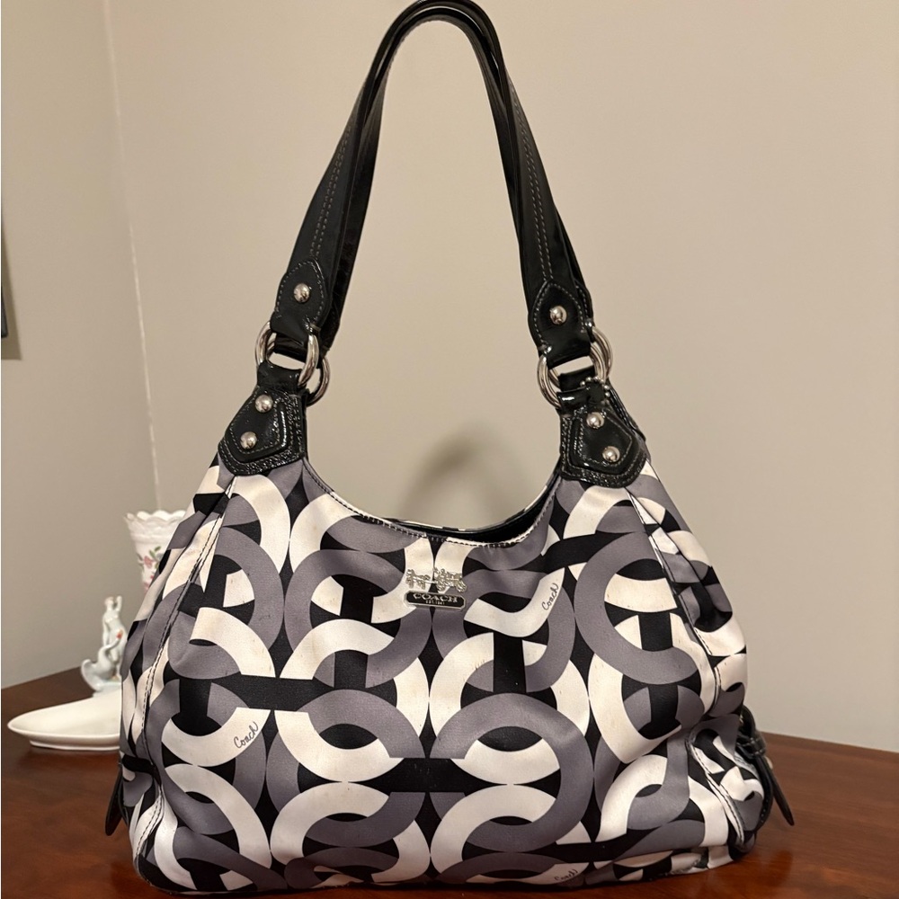 COACH Monochrome Geometric Satin Shoulder Bag with Two Silver Charms